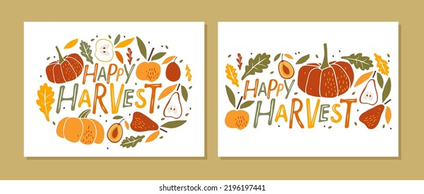 Happy Harvest card set. Hand drawn lettering with autumn fruits and vegetables on white background. Harvest, Autumn Design element for poster, banner, print, logo, badge. Oval and rectangular signs.