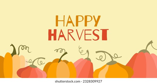 Happy harvest cartoon style. Pumpkin season, Fall vector design. Autumn thanksgiving quote.