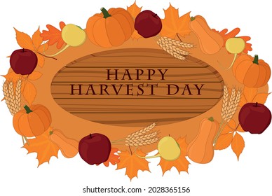 Happy harvest day wooden signboard decorated with vegetables vector illustration