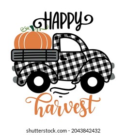 Happy Harvest - Happy Fall pumpkin festival design for markets, restaurants, flyers, cards, invitations, stickers, banners. Cute hand drawn hayride or old pickup truck with farm fresh pumpkins. 