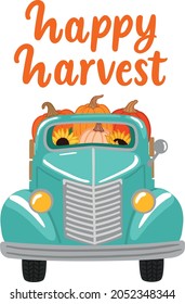 Happy harvest farm truck with pumpkins vector illustration