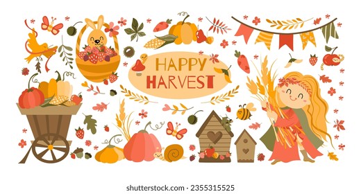 Happy Harvest Festival Set. Hand drawn lettering phrase and Happy harvest symbols. Autumn Pumpkin, corn and girl harvesting wheat.