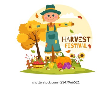 Happy Harvest Festival Vector Illustration of Autumn Season Background with Pumpkins, Maple Leaves, Fruits or Vegetables in Flat Cartoon Templates