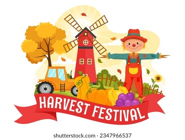 Happy Harvest Festival Vector Illustration of Autumn Season Background with Pumpkins, Maple Leaves, Fruits or Vegetables in Flat Cartoon Templates