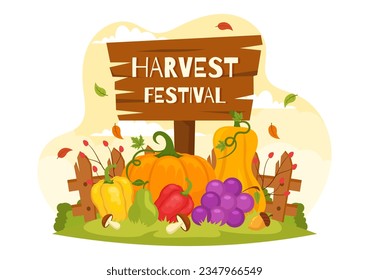 Happy Harvest Festival Vector Illustration of Autumn Season Background with Pumpkins, Maple Leaves, Fruits or Vegetables in Flat Cartoon Templates