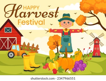 Happy Harvest Festival Vector Illustration of Autumn Season Background with Pumpkins, Maple Leaves, Fruits or Vegetables in Flat Cartoon Templates