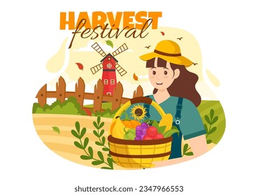 Happy Harvest Festival Vector Illustration of Autumn Season Background with Pumpkins, Maple Leaves, Fruits or Vegetables in Flat Cartoon Templates