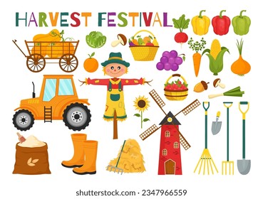 Happy Harvest Festival Vector Illustration of Autumn Season Background with Pumpkins, Maple Leaves, Fruits or Vegetables in Flat Cartoon Templates