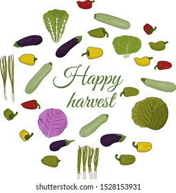 Happy harvest. Fresh green vegetables vector illustration.

