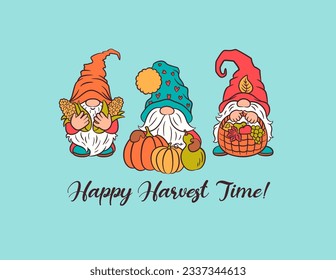 Happy harvest greeting card cute design with gnomes. Sweet swedish gnome autumn character. Fall Thanksgiving design gnome Tomte whimsical funny scandinavian elf. Cottagecore farm rural theme design.