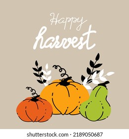 Happy harvest greeting template for banner, card, poster. Colored pumpkins in doodle style