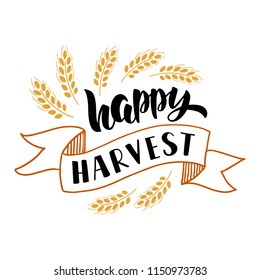 Happy harvest - hand drawn lettering phrase with autumn harvest symbols. Harvest fest poster design. Vector illustration. Isolated on white background.