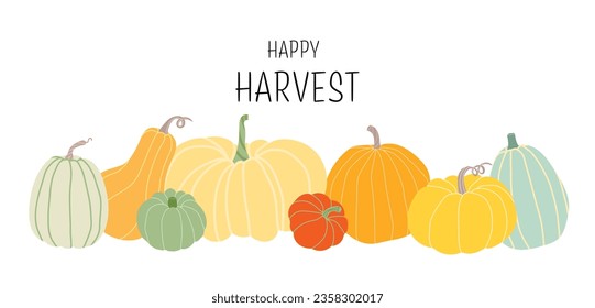 Happy Harvest. Horizontal banner with different pumpkins isoleted on white background. Vector harvest, autumn design element.