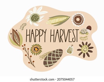 Happy Harvest inspirational slogan inscription. Illustration for prints on t-shirts, bags, cards. Pumpkin season, Fall vector design. Vector thanksgiving quote.