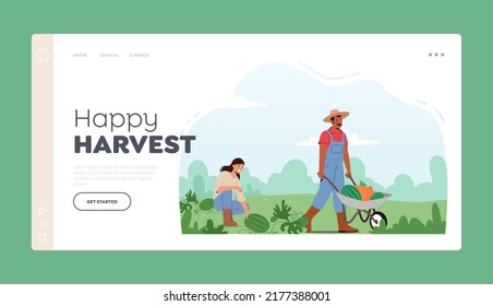 Happy Harvest Landing Page Template. Seasonal Work on Farm. Man and Woman Farmers Pick Crop to Wheelbarrow in Orchard. Gardener Characters Harvesting Ripe Watermelons. Cartoon Vector Illustration