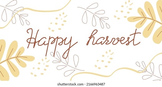 Happy Harvest Lettering Design Horizontal Banner. Hand Written Text On The Leaves Background In Doodle Style