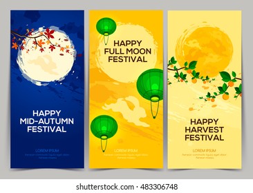 Happy harvest mid autumn festival, three banners with full moon with branch persimmon, chestnut tree, rabbits and lantern.