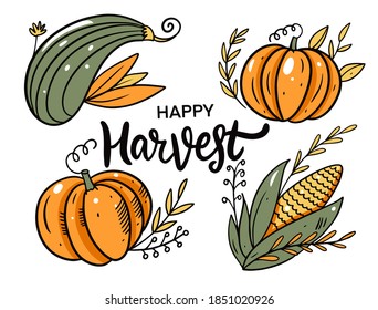 Happy Harvest. Pumpkin, corn, autumn holiday. Cartoon style. Stock vector illustration. Isolated on white background.