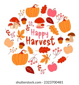 Happy harvest round. Autumn illustration with mushrooms, apples, acorns, pumpkins and leaves. Vector illustration