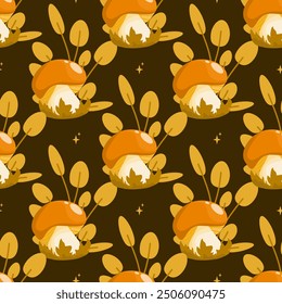 Happy harvest, seamless pattern with mushrooms and herbs