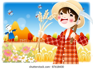 Happy Harvest Season - smiling young man with a sickle and rice plants in rich farmland on a background of beautiful blue sky and blur pattern