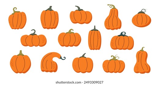 Happy harvest. Set of pumpkins. Autumn pumpkins in flat style isolated on white. Autumn, harvest, Thanksgiving and Halloween concept.