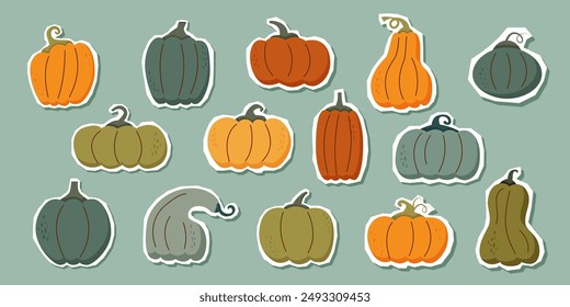 Happy harvest. Set of pumpkins. Autumn pumpkins stickers isolated. Autumn, harvest, Thanksgiving and Halloween concept.