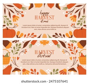 Happy Harvest Time. Collection of horizontal banners for sale, advertising, holidays with plants, flowers, leaves, crop, pumpkins, carrot, mushrooms, basket. Autumn background for card templates. 