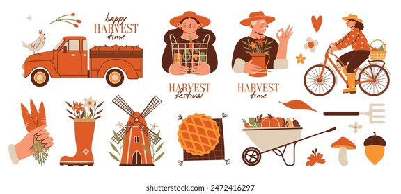 Happy Harvest Time. Collection of vector badges with persons, old man, woman with crop, basket full of vegetables, pumpkin, wheelbarrow, hands. Girl rides on bicycle. Illustrations with lettering.