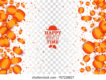 Happy Harvest Time decorative pumpkin border on white transparent checkered background. All isolated and layered. Border seamless on vertical
