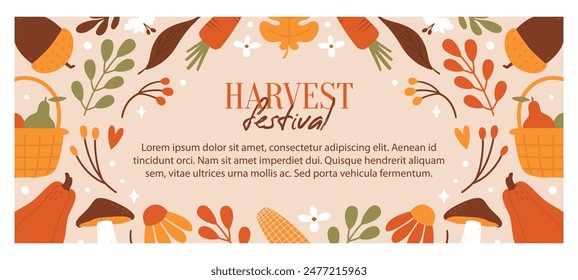 Happy Harvest Time. Horizontal banner for sale, advertising, holidays with flowers, leaves, basket with fruits, pumpkins, carrot, mushrooms. Autumn background for card template. Harvest Festival. 