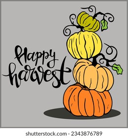 Happy Harvest time. pumpkins for Halloween. stack of four orange pumpkins with leaves, vector illustration. Farm vegetables.