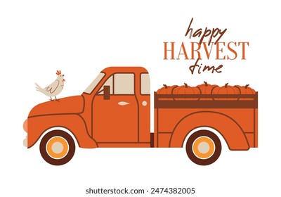 Happy Harvest Time. Red american pickup truck with pumpkins, harvested crop. Vector autumn minimalist illustration in flat style. Cute clip art with car, vehicle, transport. Harvest Festival. 