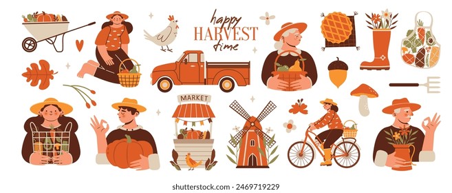 Happy Harvest Time. Set of vector illustrations with farmers market,  harvest festival. Wheelbarrow, stall, pickup truck, basket with seasonal vegetables. Young and old people with the harvested crop.