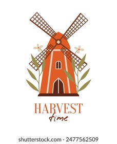 Happy Harvest Time. Village windmill, cottagecore arhitecture. Cute building in hand drawn flat style. Invitation, card, banner with short phrase, text. Autumn house with plants, leaves, berries.