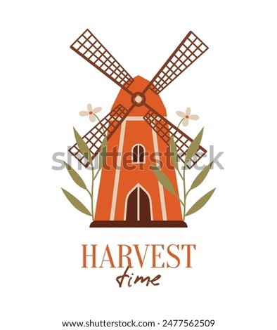 Happy Harvest Time. Village windmill, cottagecore arhitecture. Cute building in hand drawn flat style. Invitation, card, banner with short phrase, text. Autumn house with plants, leaves, berries.