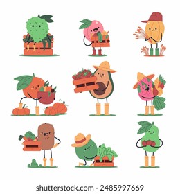 Happy harvest vector cartoon fruits characters set isolated on a white background.