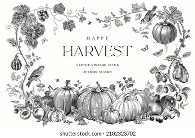 Happy Harvest  Vector frame  Autumn botanical illustration  Black   white 
