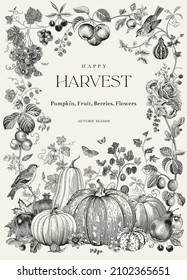 Happy Harvest  Vector vertical frame  Autumn botanical illustration  Black   white 