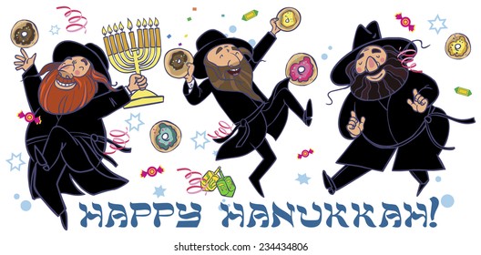 Happy hasids dance and eating donuts and injoy hanukkah