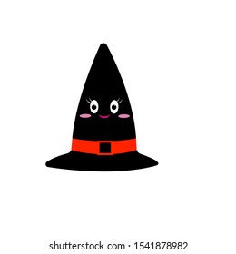 Happy hat and kawaii hat. Halloween holiday costume of little witch. Portrait of smiling female cartoon character illustration