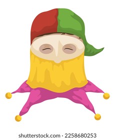 Happy head of Monocuco with mask, jingle bells and colorful clothes for Barranquilla's Carnival. Design in cartoon style over white background.