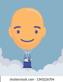 Happy head shape hot air balloon. Positive face with a smile creates optimistic life and business mood, people floating high above, enjoy freedom trip, hope and confidence image. Vector illustration