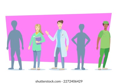 Happy healthcare workers vector illustration. Three doctors and nurses standing with empty silhouettes between them. Health workforce shortage, recruiting problem, medical profession concept