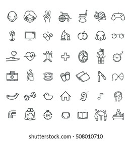 Happy And Healthy Aging Thin Line Flat Icon Set