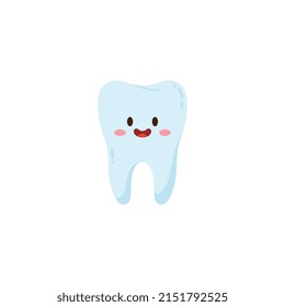 Happy healthy baby tooth or molar kawaii character. Adorable cheerful tooth for kids dentistry, cartoon flat vector illustration isolated on white background.