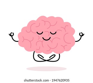 Happy Healthy Brain Mind Character Meditation Yoga Relax. Health Brain Mental Organ Sit In Lotus, Keep Calm. Vector Flat Illustration