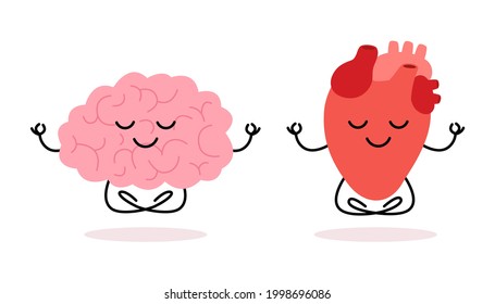 Happy healthy brain mind and heart character meditation yoga relax. Health brain mental organ and heart sit in lotus, keep calm. Vector flat illustration