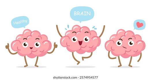 Happy and healthy brain . Set of medical cartoon characters . Isolated on white background . Vector .