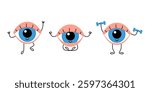 Happy healthy eye, exercise and relaxation, cute character. Workout with dumbbell, healthy eye in meditation. Eyesight. Vector cartoon illustration